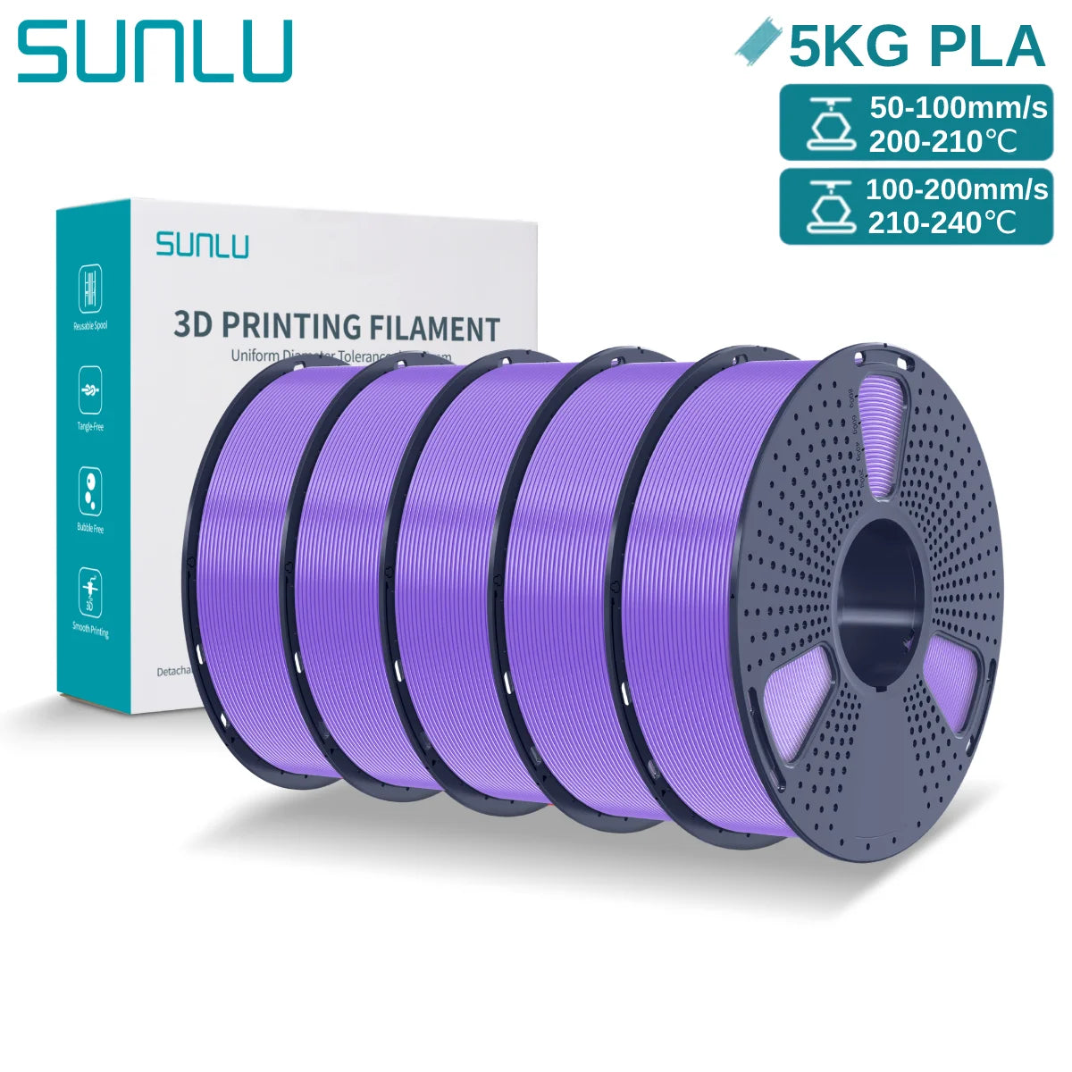 SUNLU 3D PLA Filament 1.75mm 5KG Multicolor Neatly Wound PLA Plastic 3D Filaments with Reusable Spool for Most FDM 3D Printer