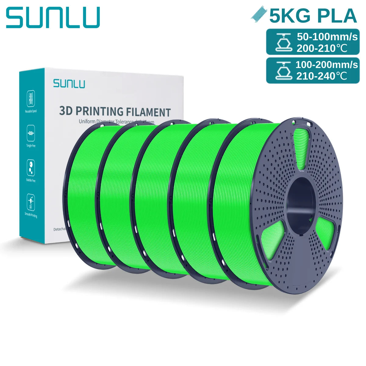 SUNLU 3D PLA Filament 1.75mm 5KG Multicolor Neatly Wound PLA Plastic 3D Filaments with Reusable Spool for Most FDM 3D Printer