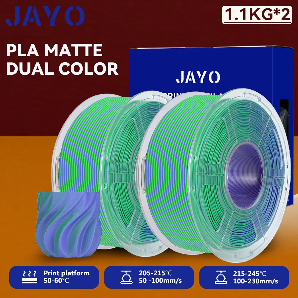 JAYO 2Rolls 3D PLA Matte /Dual Color Matte PLA Printer Filament 1.75mm Neatly Wound & Matte Finish Print with 99% FDM 3D Printer