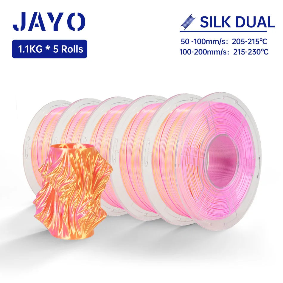 JAYO SILK PLA + Filament 1.75MM PLA 3D Filament 1.1KG for FDM 3D Printer  Neatly Wound Shiny 3D Printing Material 5Rolls