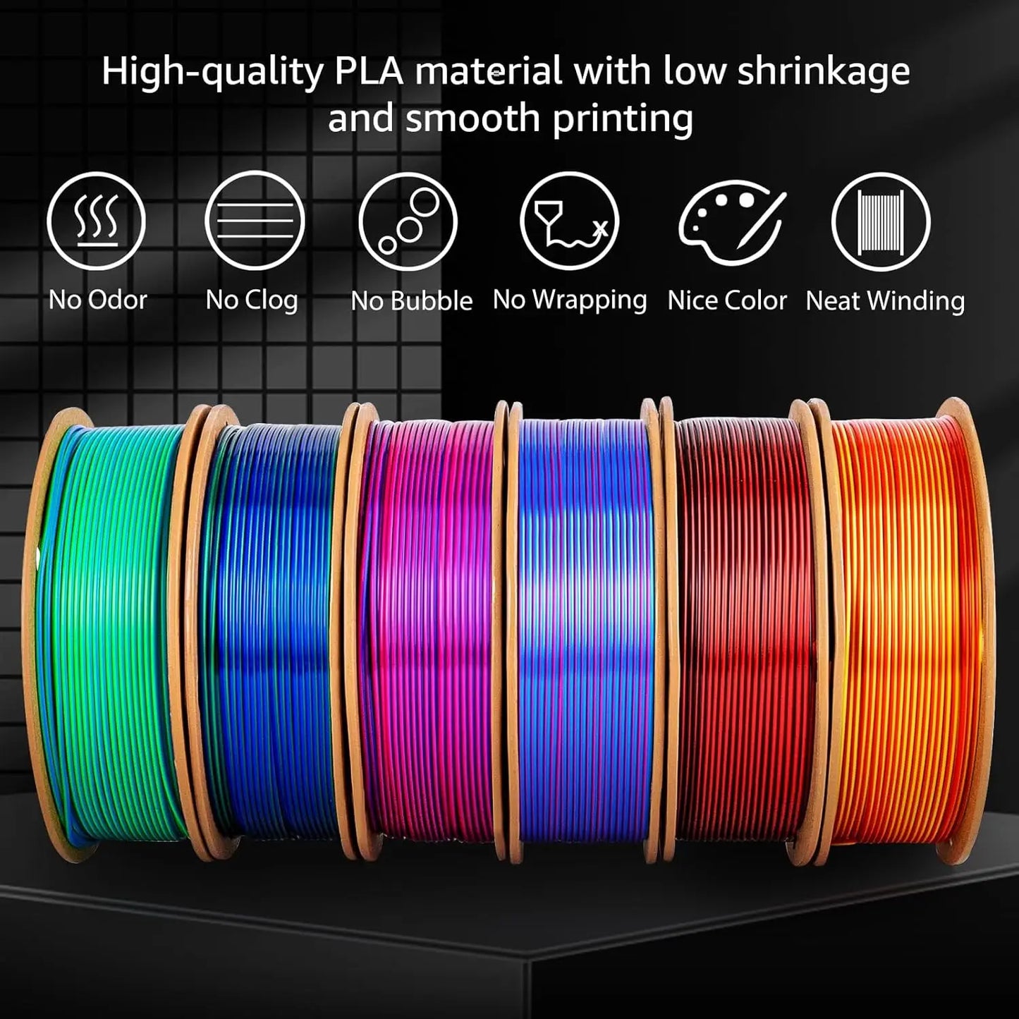 Silk PLA+ 3D Printing Filament Dual Color 6 Packs - 1.75mm, 250g x 6 Spools Bundle, Gold&Red, Black&Red, Rose Red&Sky Blue