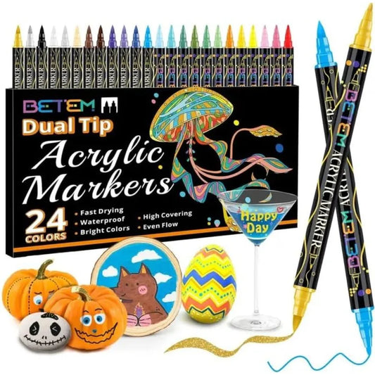 Betem Acrylic Paint Markers Dual Tip 24 Colors Acrylic Paint Pens with Brush Tip and Fine Point for Rock Wood Canvas Stone Glas