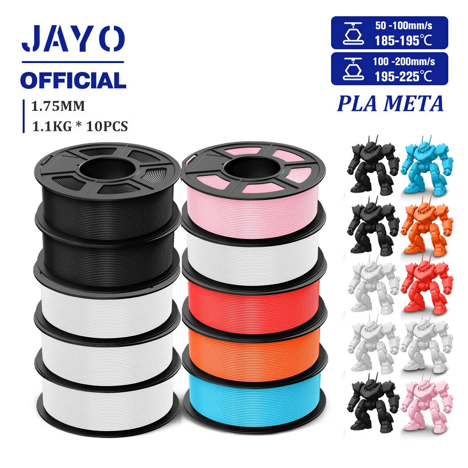 JAYO PLA Meta 3D Printer Filament 1.75mm High Flow PLA 3D Filament 1.1KG*10Rolls Neatly Wound 3D Printing Filament Fit Most FDM