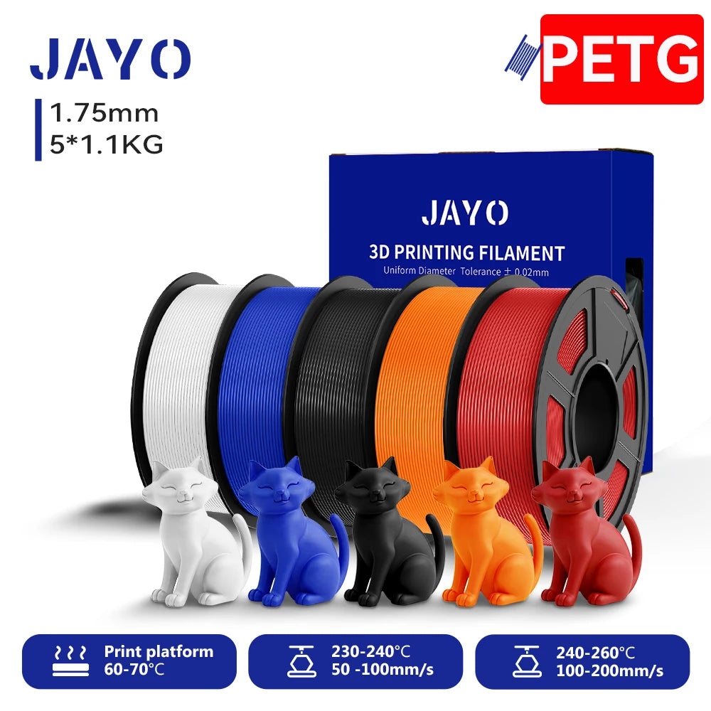 JAYO 3D PETG/PETG Clear 3D Printer Filament 1.75 ±0.02mm 5 /10Rolls High Toughness Neatly Wound Filament Fit Most FDM Printer