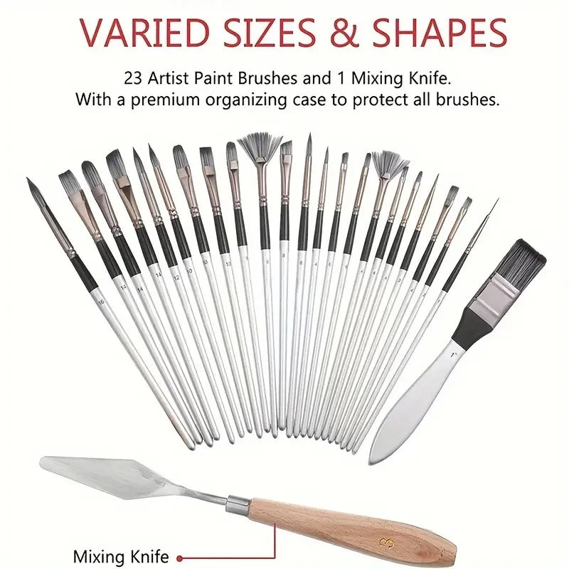 Professional 24-Piece Artist Paint Brush Set—Assorted Flat, Round, Fan & Detail Brushes with Premium Soft Bristles, Wooden Handle