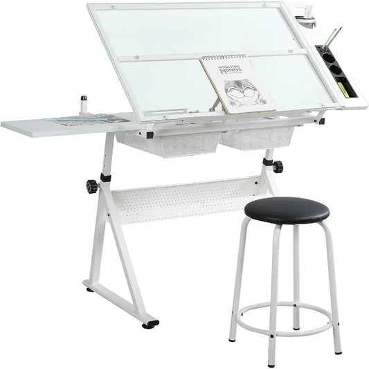 Glass Drafting Table Art Desk – Adjustable Professhional Artwork Drawing Drafting Table Desk, Glass-Topped Art Table for Craft S