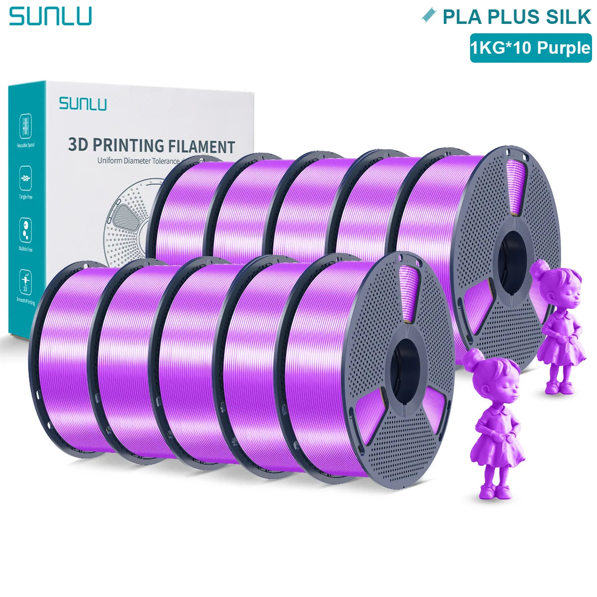 SUNLU Pla Plus Silk 3D Filament 1.75mm Smooth Surface Multicolor PLA+ Shiny Silk Filament for Most FDM 3D Printer 10KG