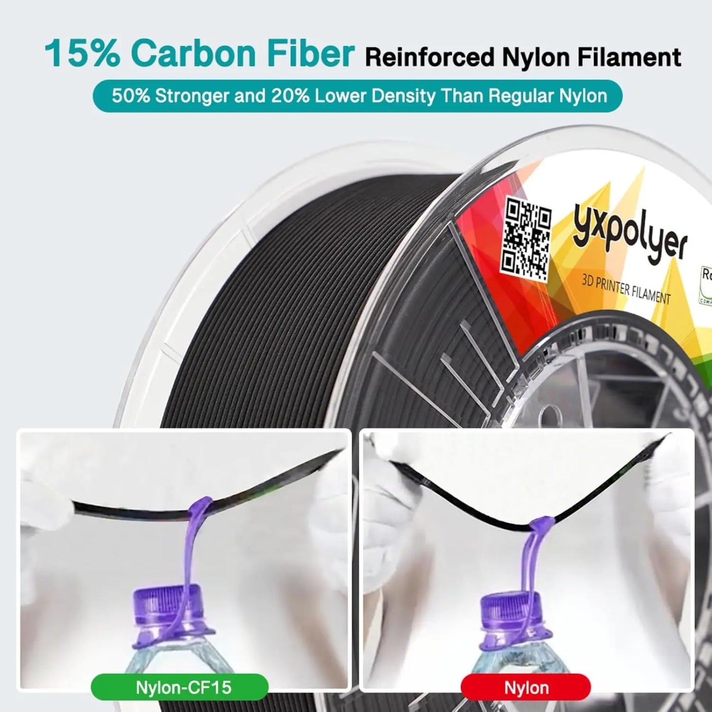 Carbon Fiber Nylon 3D Printer Filament PA6-CF, 1.75mm 1kg with PC Spool for High Strength and Heat Resistance