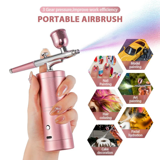 Top 0.3mm Pink Mini Air Compressor Kit Air-Brush Paint Spray Gun Airbrush For Nail Art Tattoo Craft Cake Nano Fog Mist Sprayer