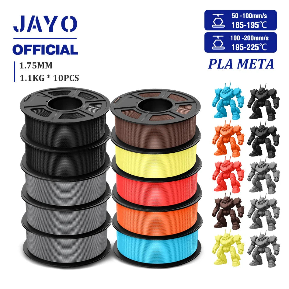 JAYO PLA Meta 3D Printer Filament 1.75mm High Flow PLA 3D Filament 1.1KG*10Rolls Neatly Wound 3D Printing Filament Fit Most FDM