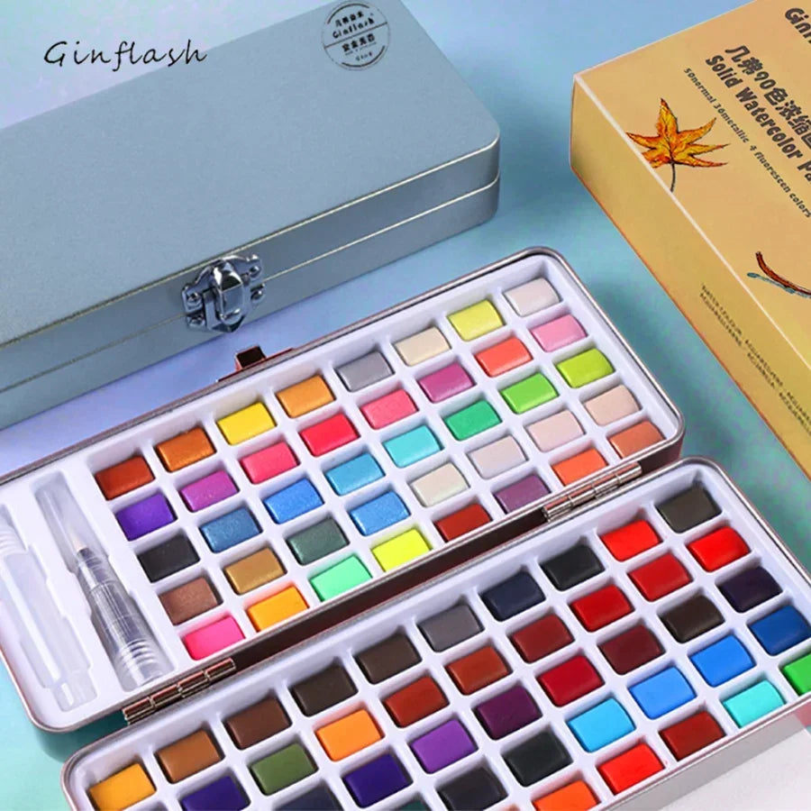 Ginflash 50/90colors Solid Pigment Watercolor Paints Set With Water Color Portable Brush Pen Professional Painting Art Supplies