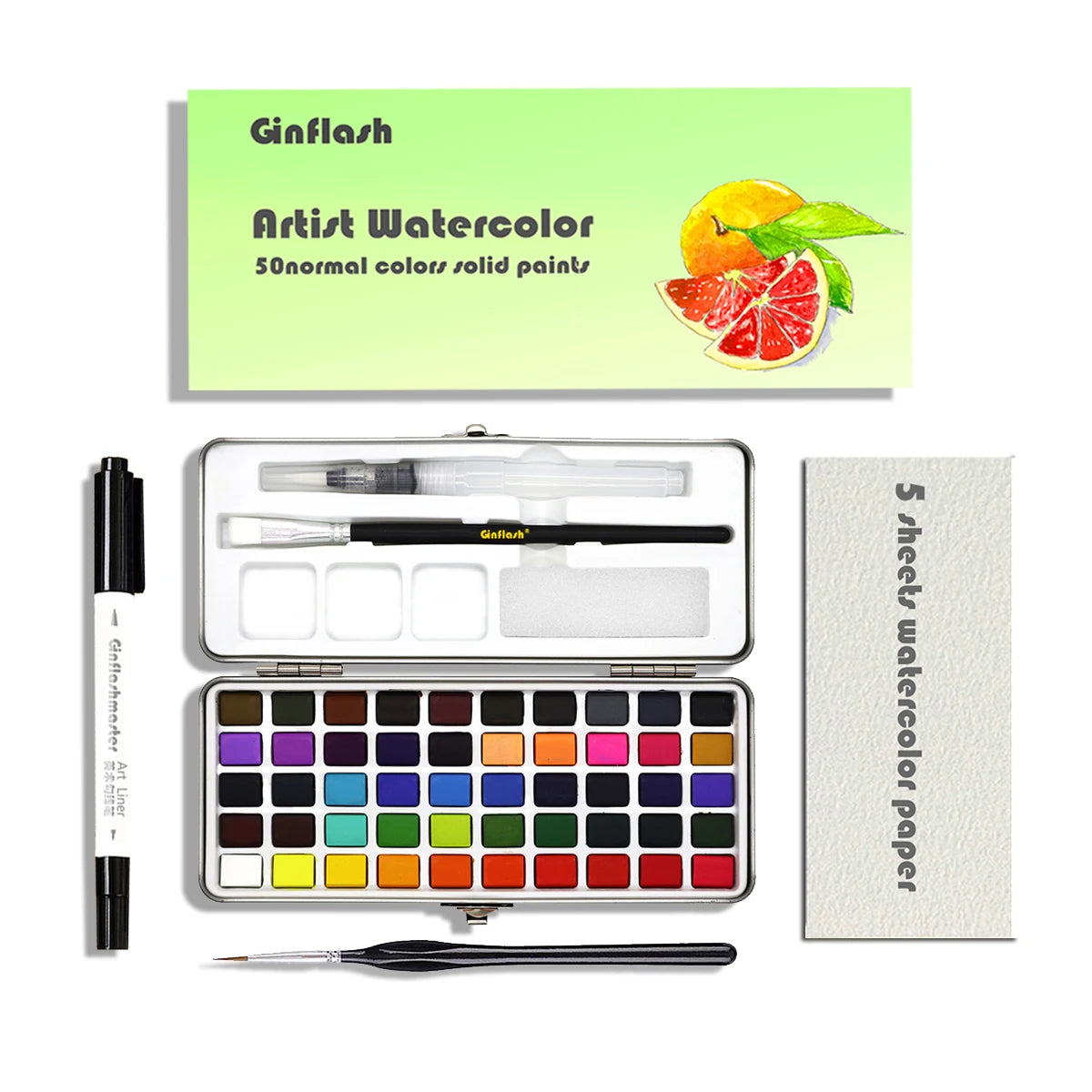 Ginflash 50/90colors Solid Pigment Watercolor Paints Set With Water Color Portable Brush Pen Professional Painting Art Supplies