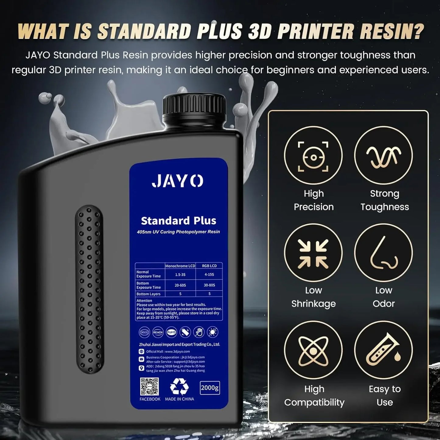 JAYO Standard /ABS-Like/ Water Wash 3D Printer UV Resin 405nm 2 Bottles For LCD 3D Printer Material For Printing Easy to Print