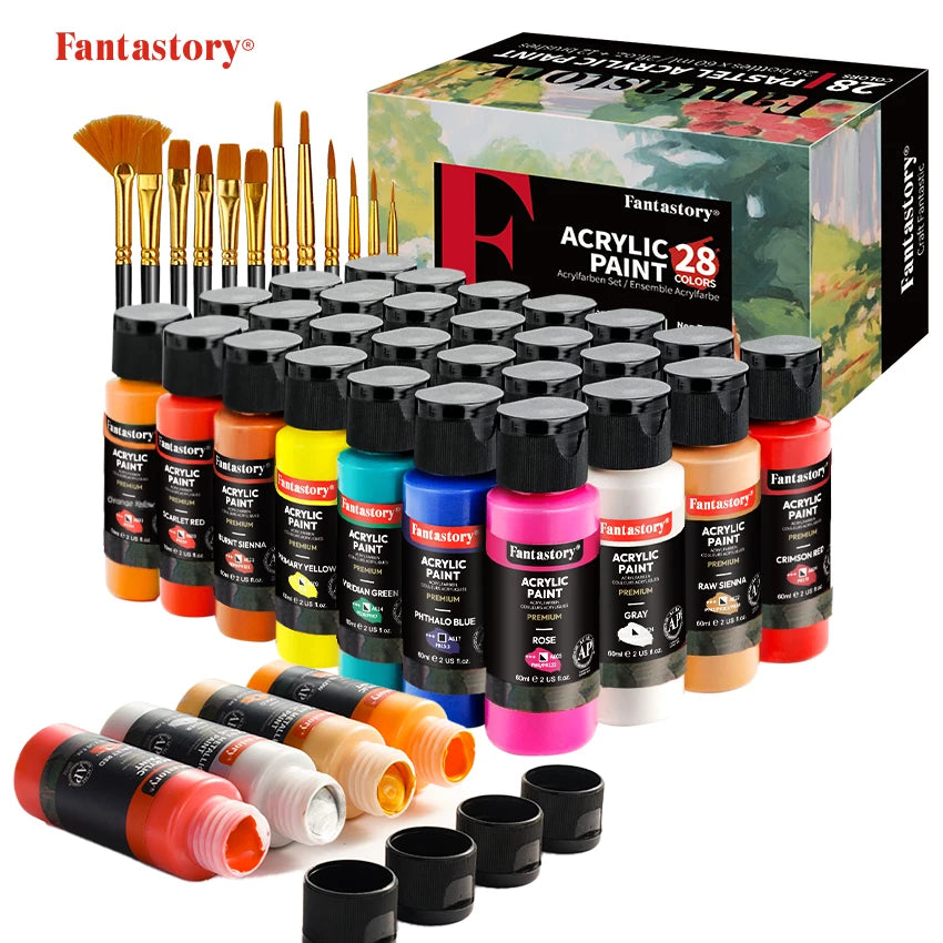 28 Classic Colors Acrylic Paint Set with Professional Craft Paint & 12 Brushes