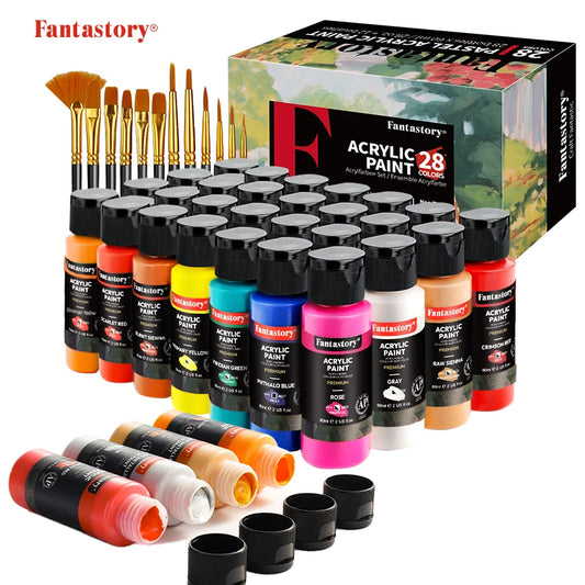 28 Classic Colors Acrylic Paint Set with Professional Craft Paint & 12 Brushes
