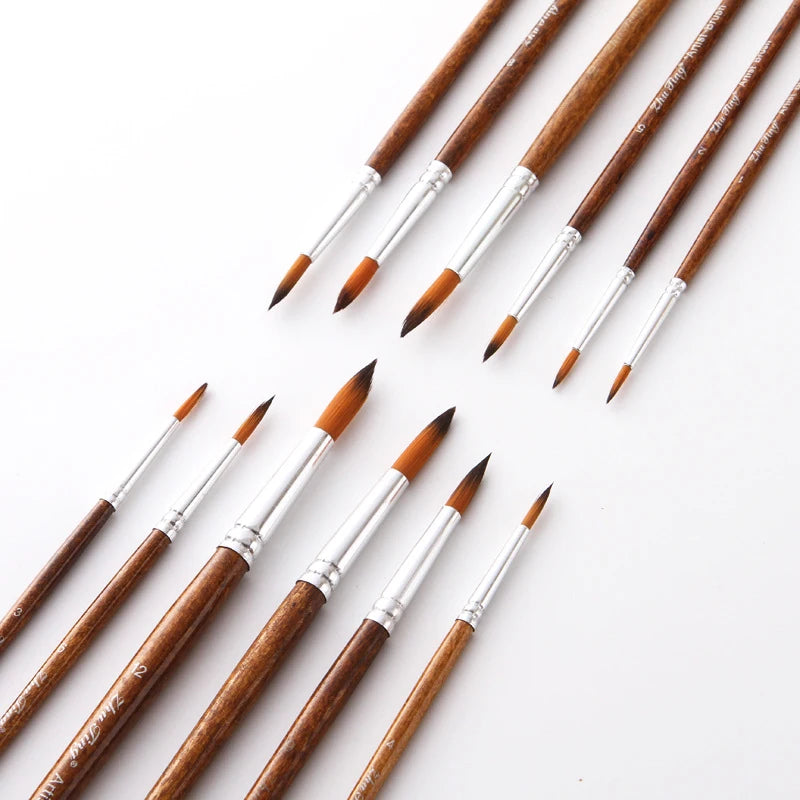 12 PCS/Set Nylon Hair Painting Brush Retro Wooden Handle Brush Pen DIY Watercolor Oil Acrylic Painting Paint Brushes Art Supply