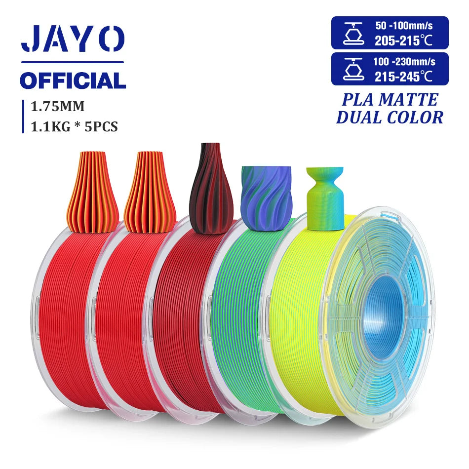 JAYO PLA Matte Dual Color 3D Filament 1.75mm PLA Matte 3D Printer Filament 5Rolls/Set PLA Filament Smooth Matte Finish