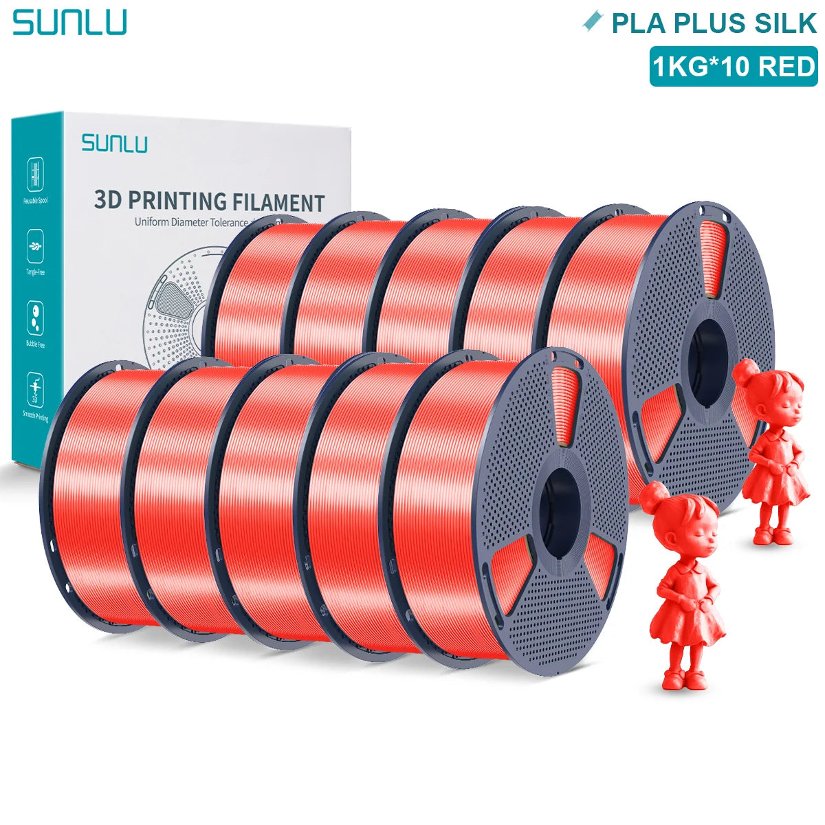 SUNLU Pla Plus Silk 3D Filament 1.75mm Smooth Surface Multicolor PLA+ Shiny Silk Filament for Most FDM 3D Printer 10KG