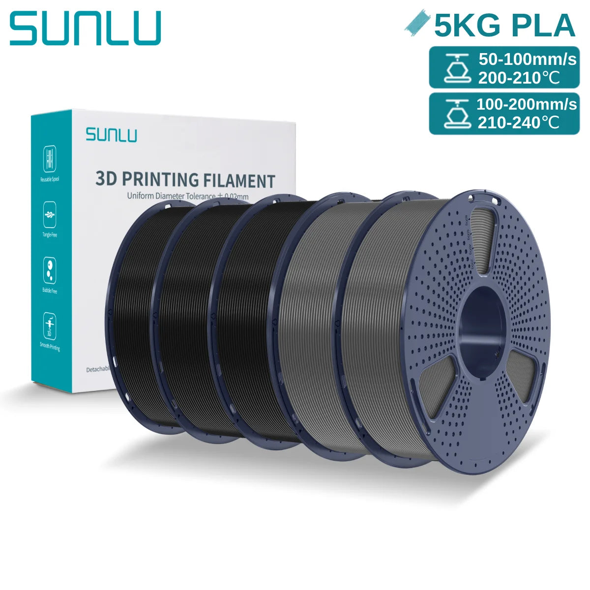 SUNLU 3D PLA Filament 1.75mm 5KG Multicolor Neatly Wound PLA Plastic 3D Filaments with Reusable Spool for Most FDM 3D Printer