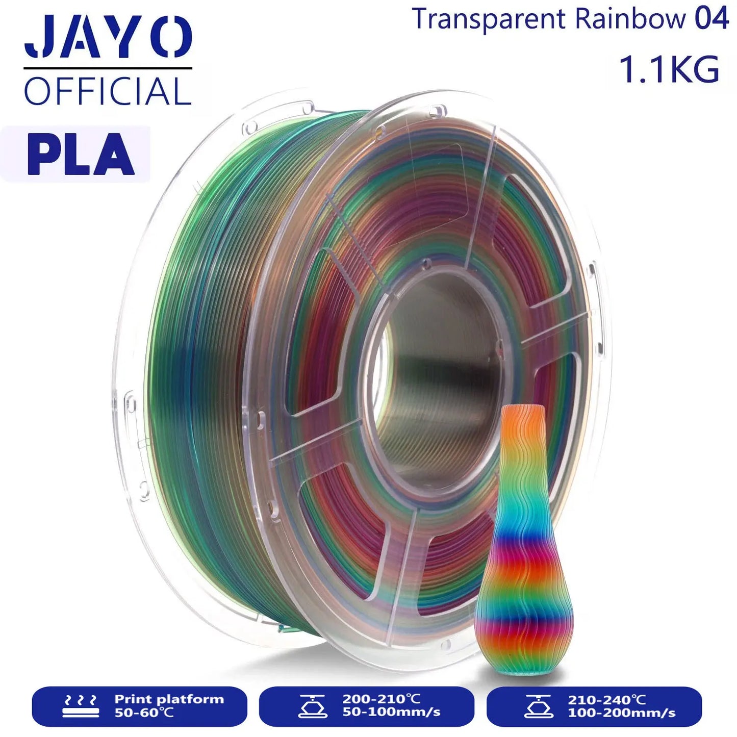JAYO 3D PLA / Silk PLA Rainbow Printer Filament 1.75mm Transparent Rainbow 3D Filament As Neatly Wound 3D Printing Material