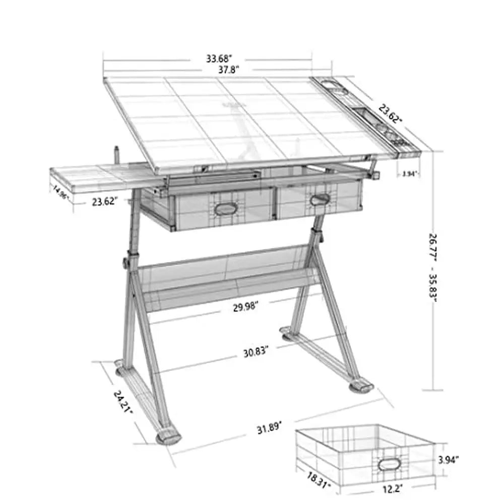 Adjustable Drafting Table Wooden Drawing Desk with Drawers and Storage Shelf Art Station Artists Office School Tilted Tabletop