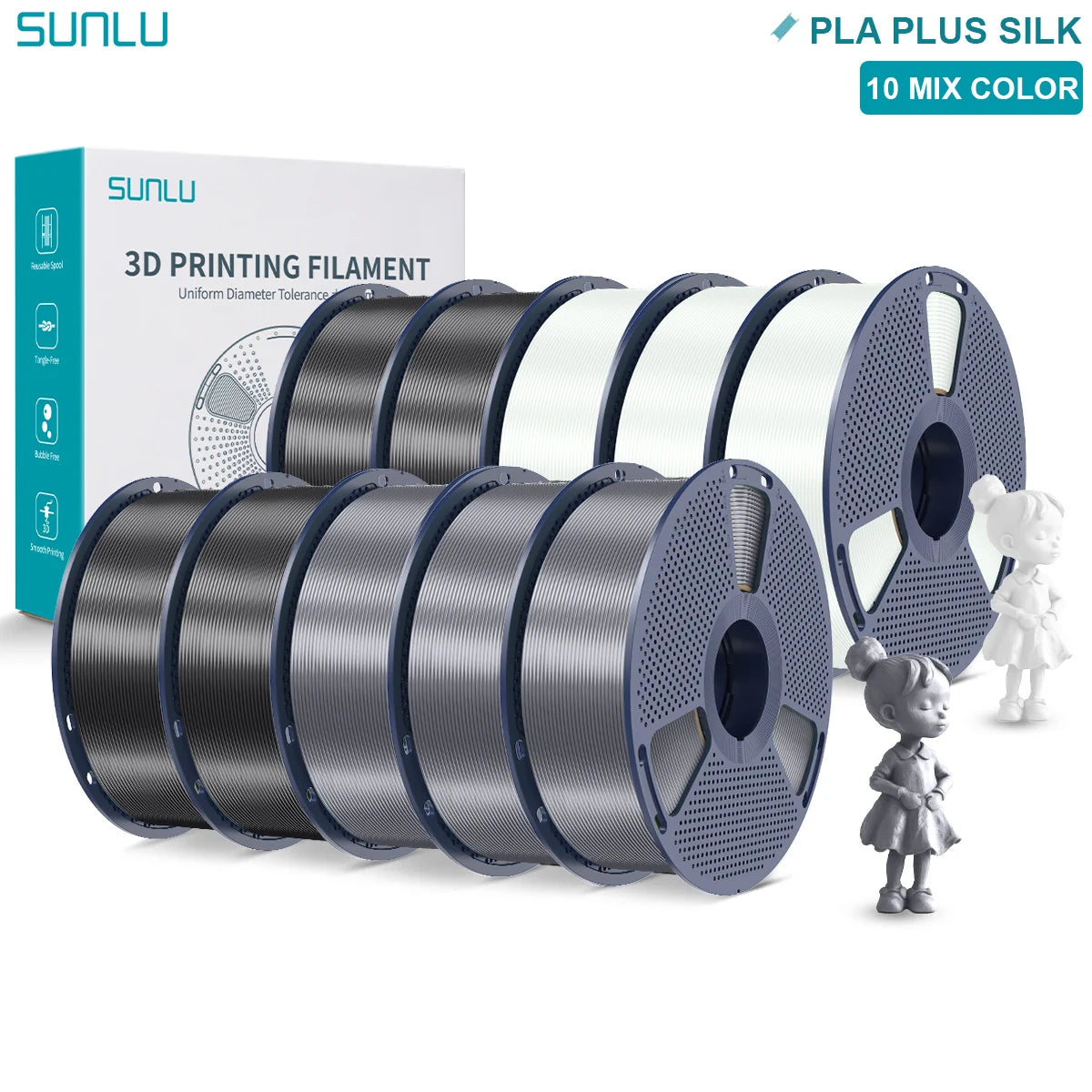 SUNLU Pla Plus Silk 3D Filament 1.75mm Smooth Surface Multicolor PLA+ Shiny Silk Filament for Most FDM 3D Printer 10KG