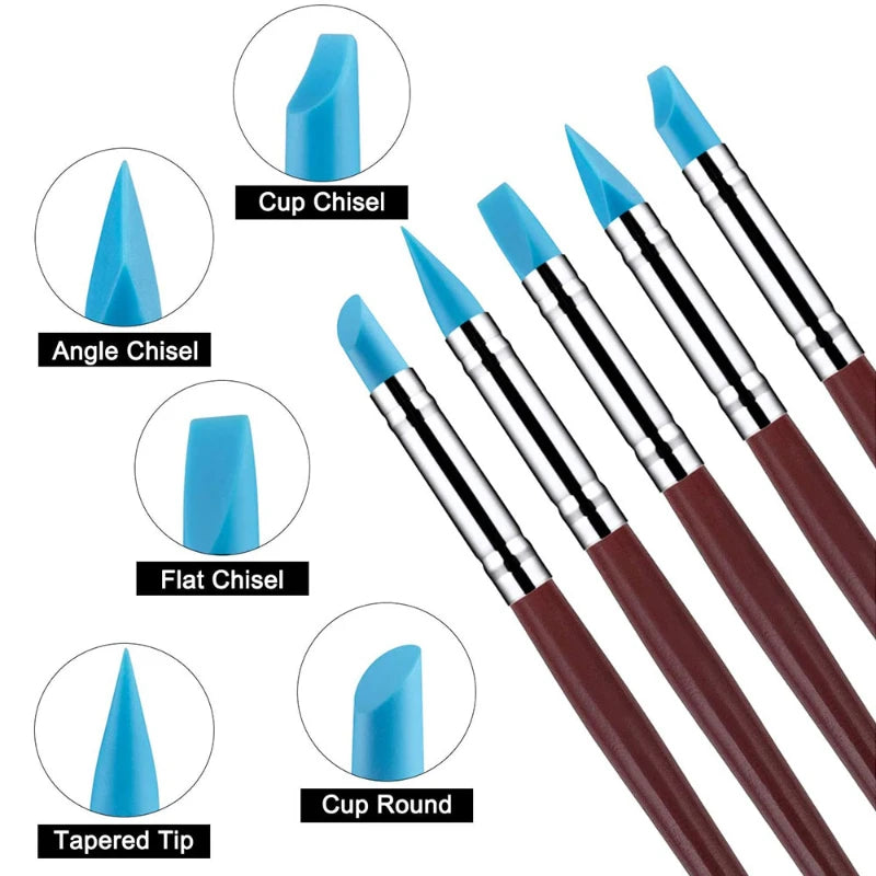 5PCS Silicone Clay Sculpting Tool for Brush Modeling Dotting Nail Art Pottery Clay Tool DIY Carving Sculpting Tools