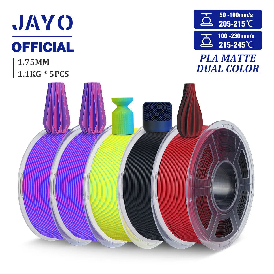 JAYO PLA Matte Dual Color 3D Filament 1.75mm PLA Matte 3D Printer Filament 5Rolls/Set PLA Filament Smooth Matte Finish