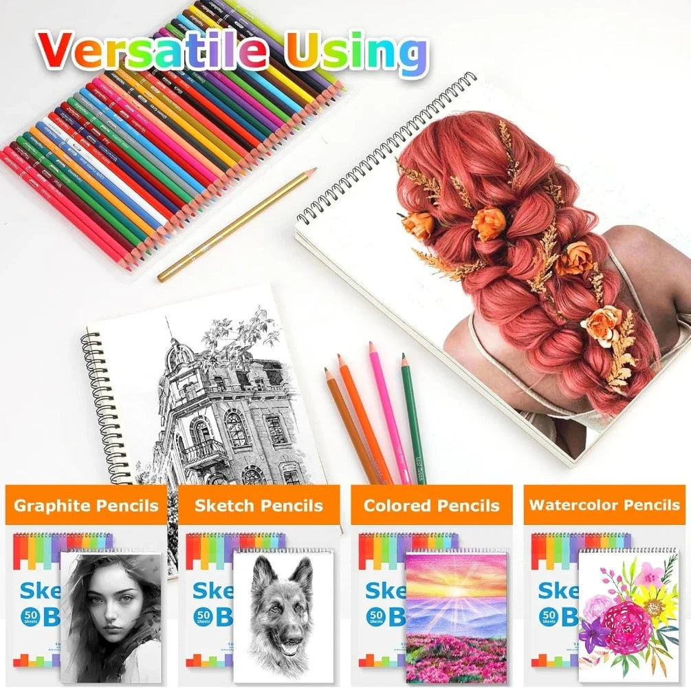 9" x 12" sketchbook, 2 packs of 50 spiral-bound art sketchbooks, acid-free artist drawing book paper