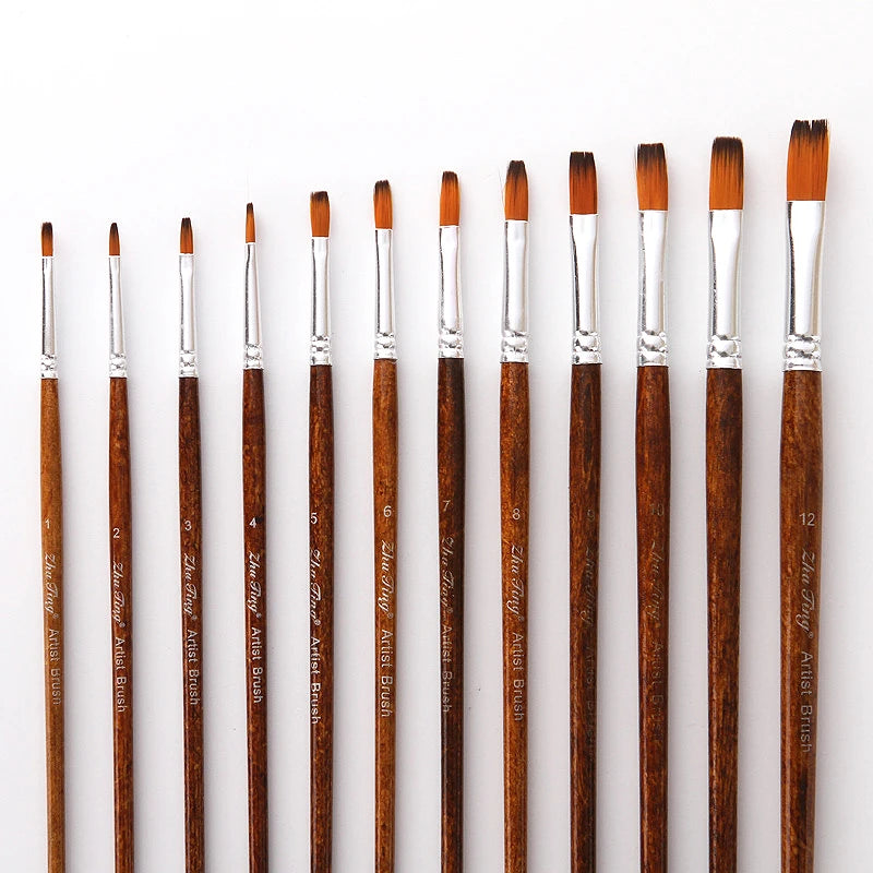 12 PCS/Set Nylon Hair Painting Brush Retro Wooden Handle Brush Pen DIY Watercolor Oil Acrylic Painting Paint Brushes Art Supply