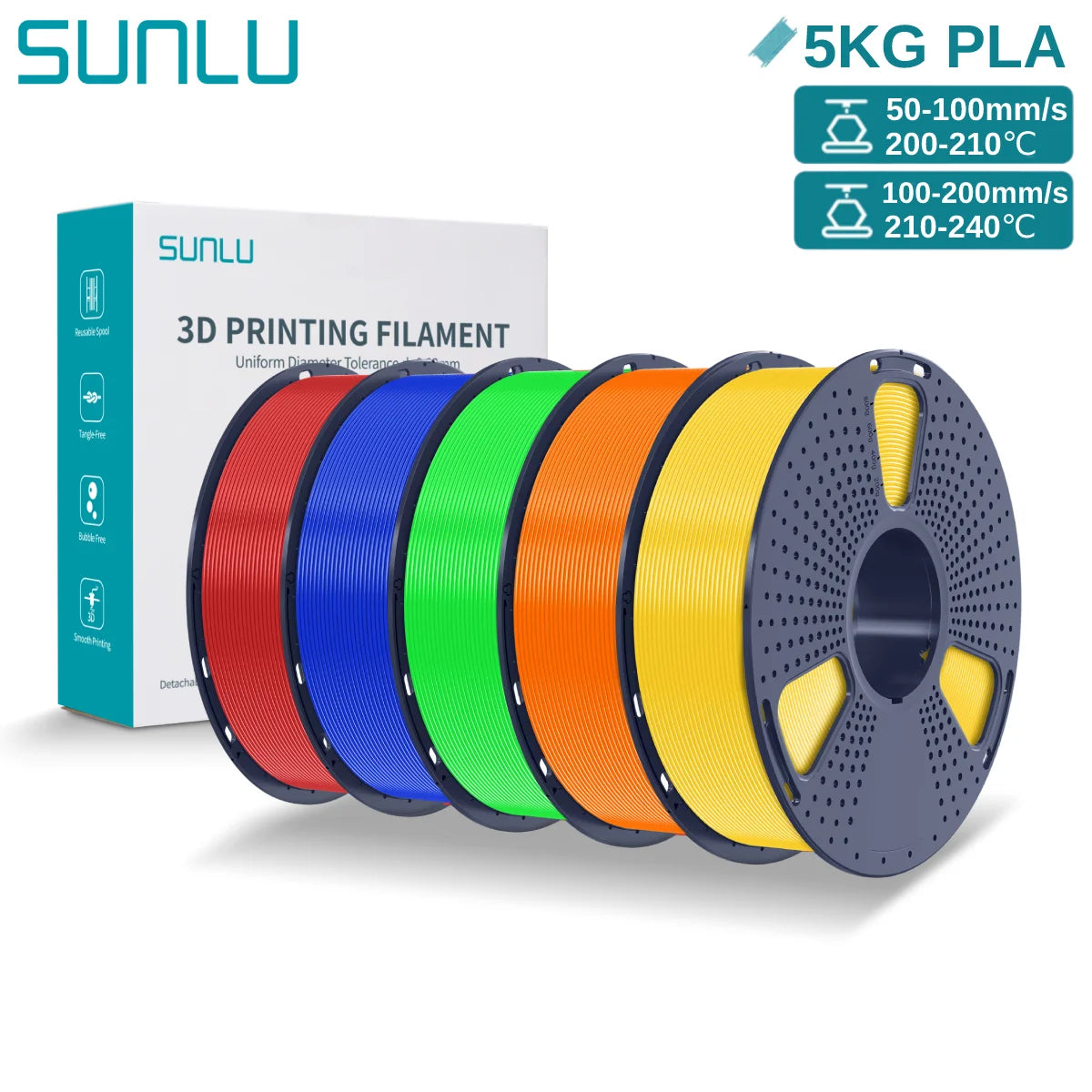 SUNLU 3D PLA Filament 1.75mm 5KG Multicolor Neatly Wound PLA Plastic 3D Filaments with Reusable Spool for Most FDM 3D Printer