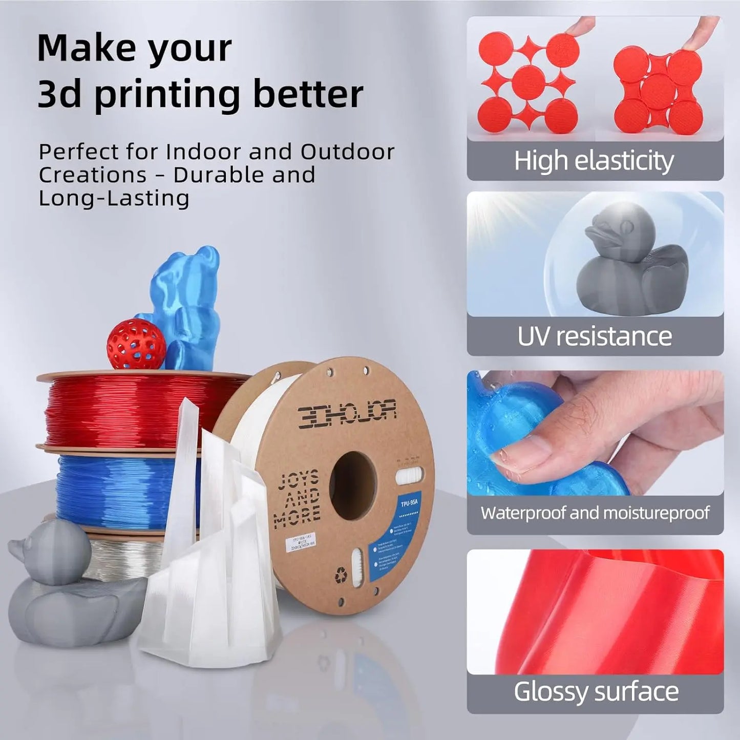 Flexible TPU 3D Printer Filament 1.75mm, 95A Hardness, 1KG*4 Bundle, Transparent Colors for FDM Printers