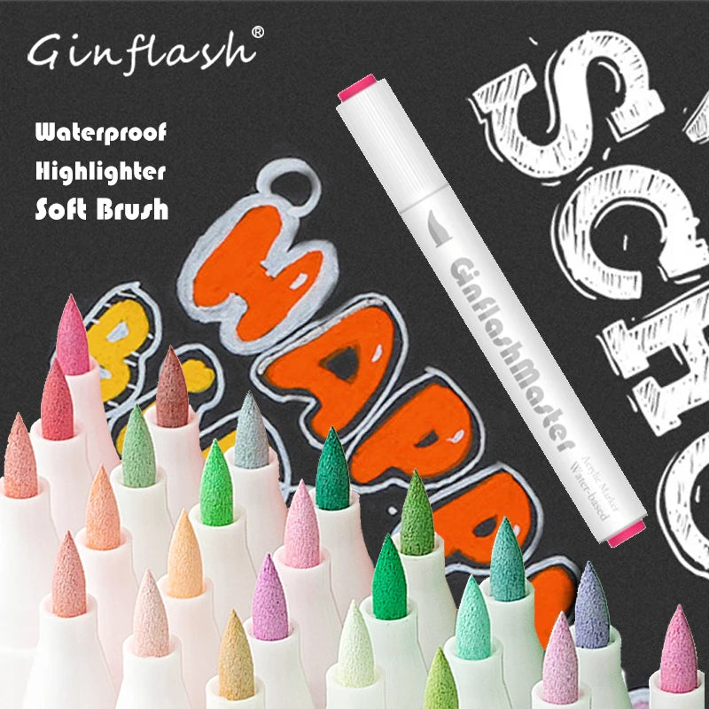 Ginflash Soft Brush Acrylic Markers Liner Multifunction  Highlighter Waterproof Paint Marker Pen art set nail metallic glitter