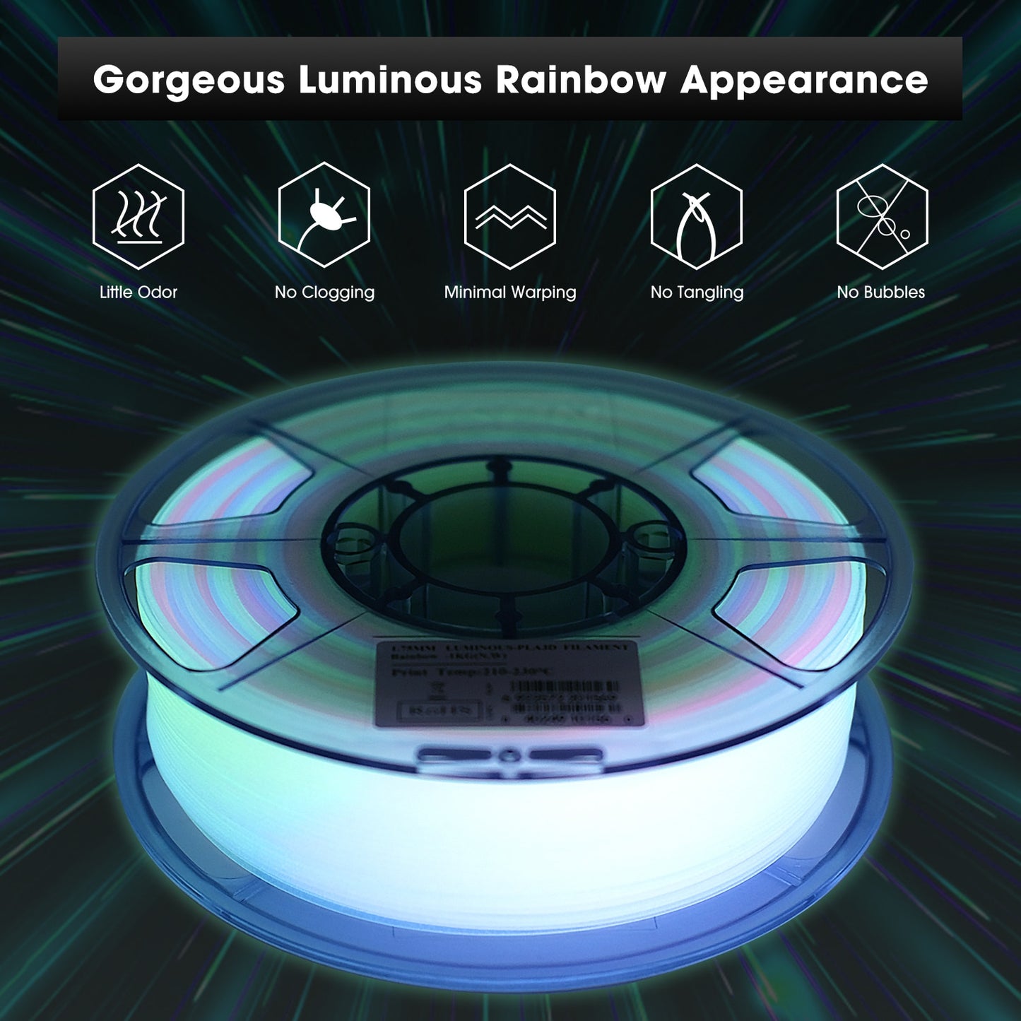 eSUN PLA Luminous-Rainbow PLA Filament 1.75mm Glow in the Dark eStars PLA 1KG Spool Luminous 3D Printing Filament For 3D Printer