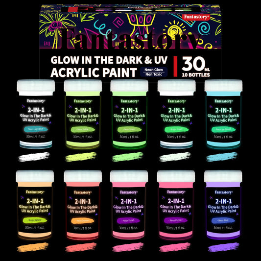 Fantastory 10pcs Glow in the Dark Acrylic Paints, 30ml/1oz Waterproof Paint for Stones, Glass, Wood, Drawing, Craft Supplies