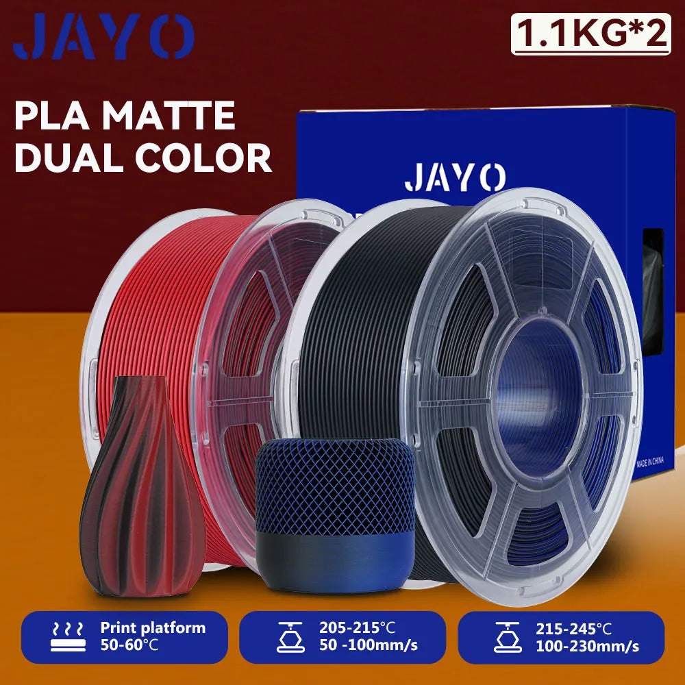 JAYO 2Rolls 3D PLA Matte /Dual Color Matte PLA Printer Filament 1.75mm Neatly Wound & Matte Finish Print with 99% FDM 3D Printer