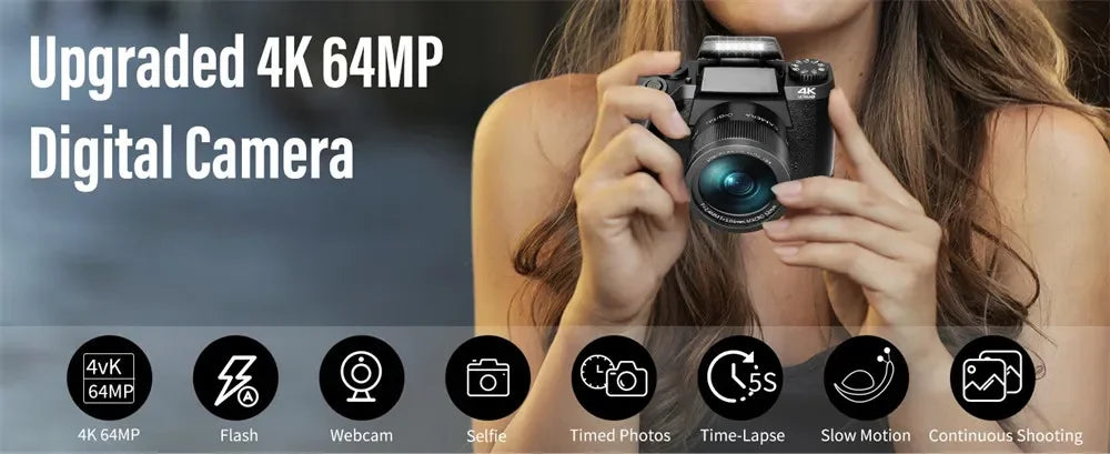 Auto Focus 64MP Digital Camera SLR DSLR For Photography 4K 60FPS Vlog Camcorder 4 Inch 16X Zoom Touch Youtube, Livestream, Webcam