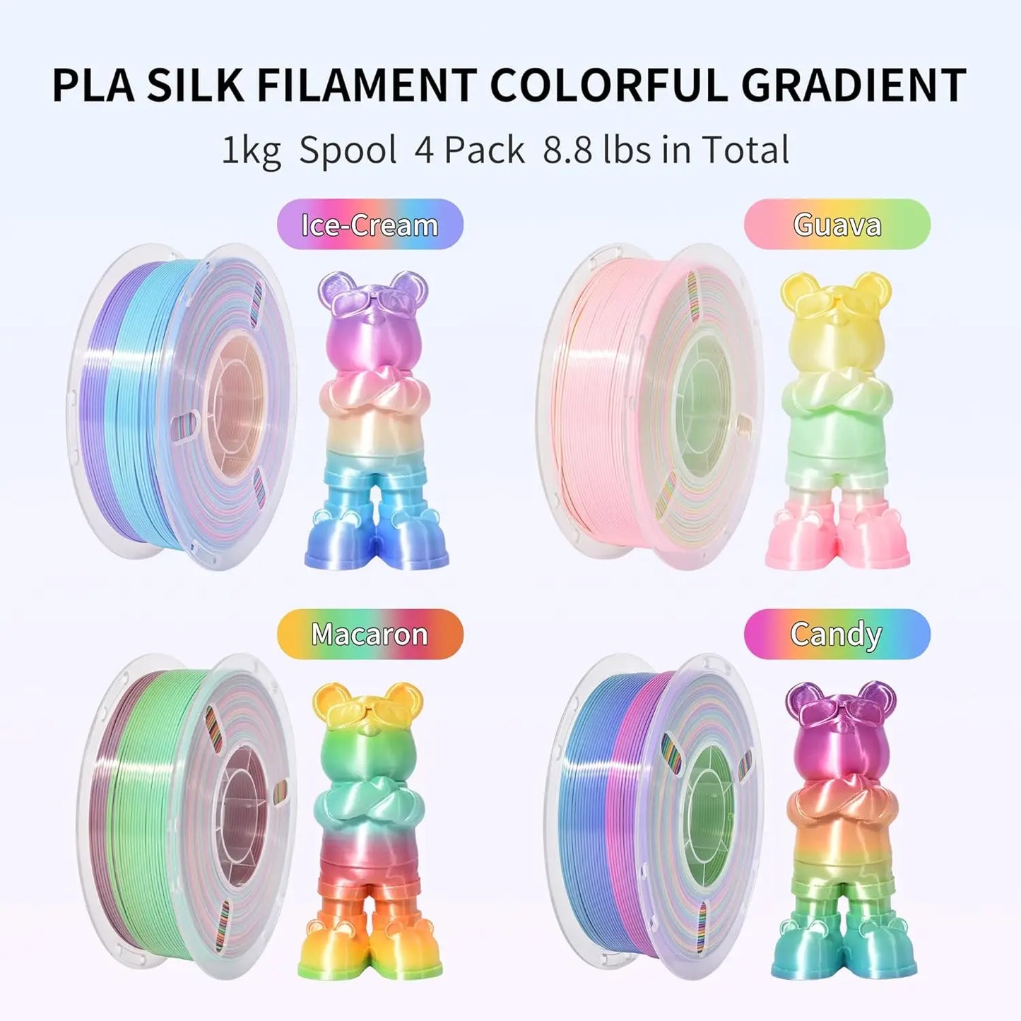 4 Colors Rainbow Silk PLA Filament Bundle Fast Color Change 3D PLA Filament Neatly Wound, 1.75mm 1kg(2.2lb) X4PCS, Candy