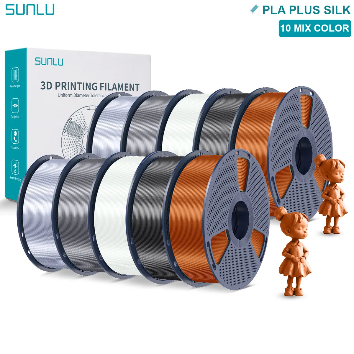 SUNLU Pla Plus Silk 3D Filament 1.75mm Smooth Surface Multicolor PLA+ Shiny Silk Filament for Most FDM 3D Printer 10KG