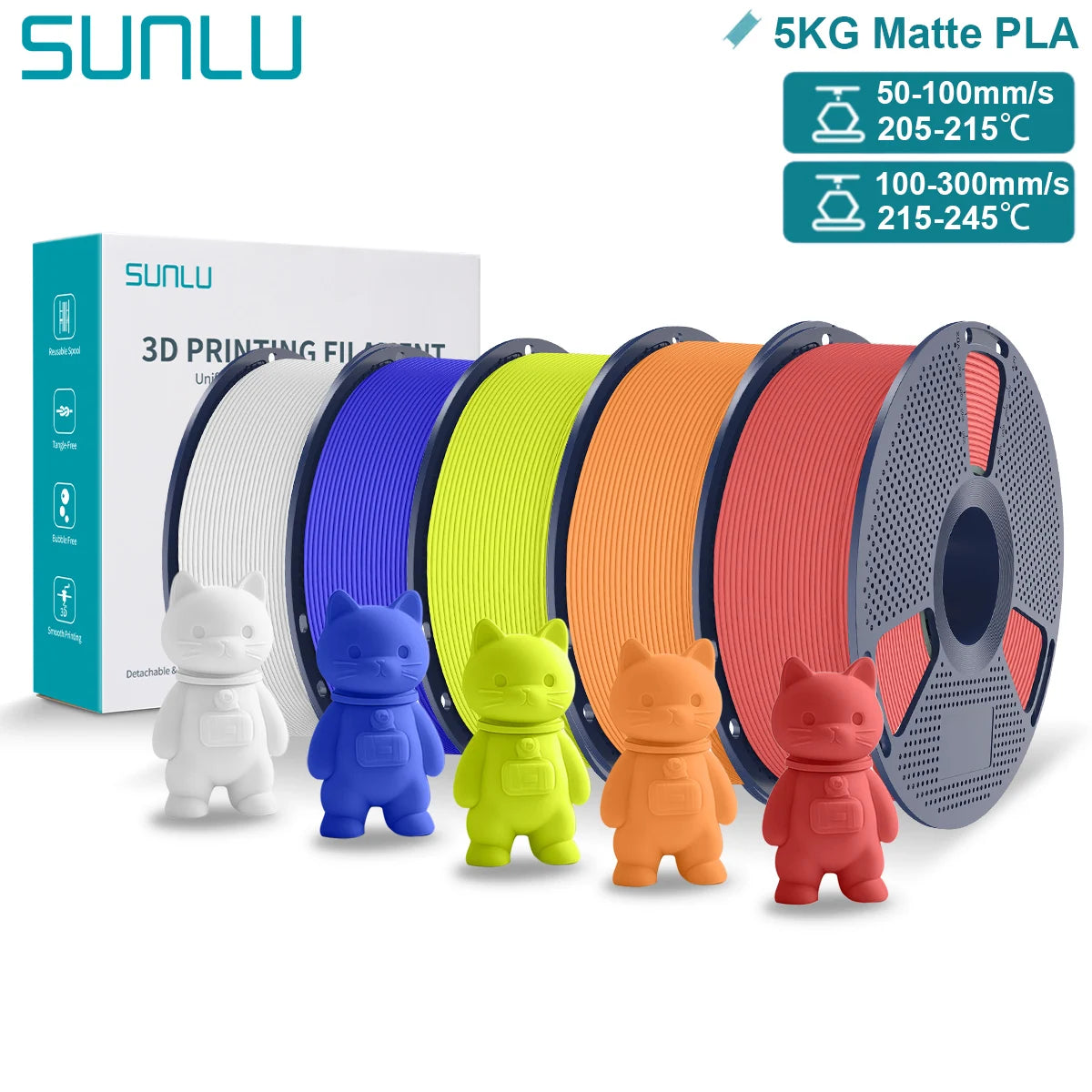 SUNLU Matte PLA 3D Filament 1.75mm Neatly Wound Easy to Use Colorful PLA Matte Surface for Most FDM Printer 3D Printing Material