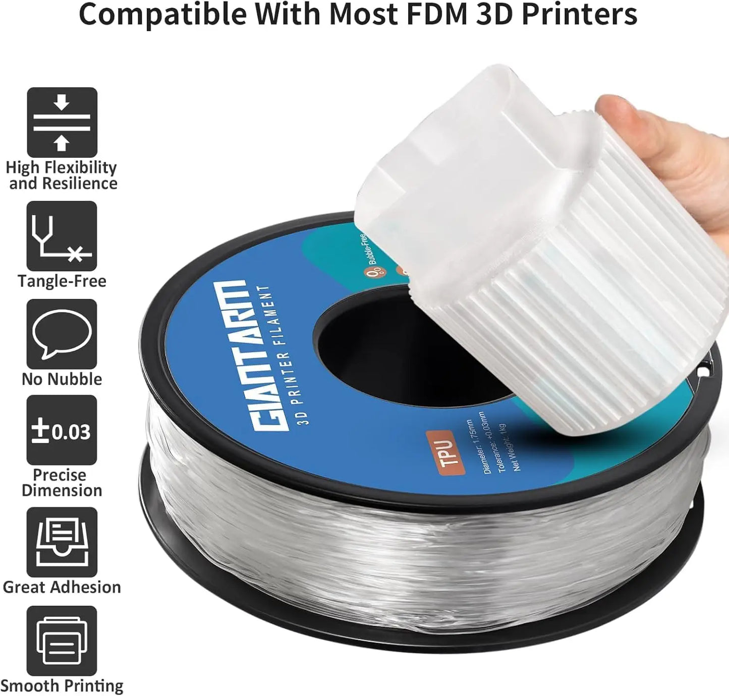 Flexible TPU 3D Printer Filament 1.75mm, 95A Hardness, 1kg Spool with High Elasticity and Accuracy