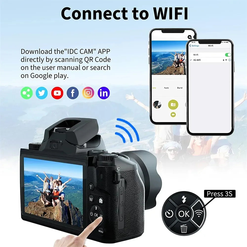 Auto Focus 64MP Digital Camera SLR DSLR For Photography 4K 60FPS Vlog Camcorder 4 Inch 16X Zoom Touch Youtube, Livestream, Webcam