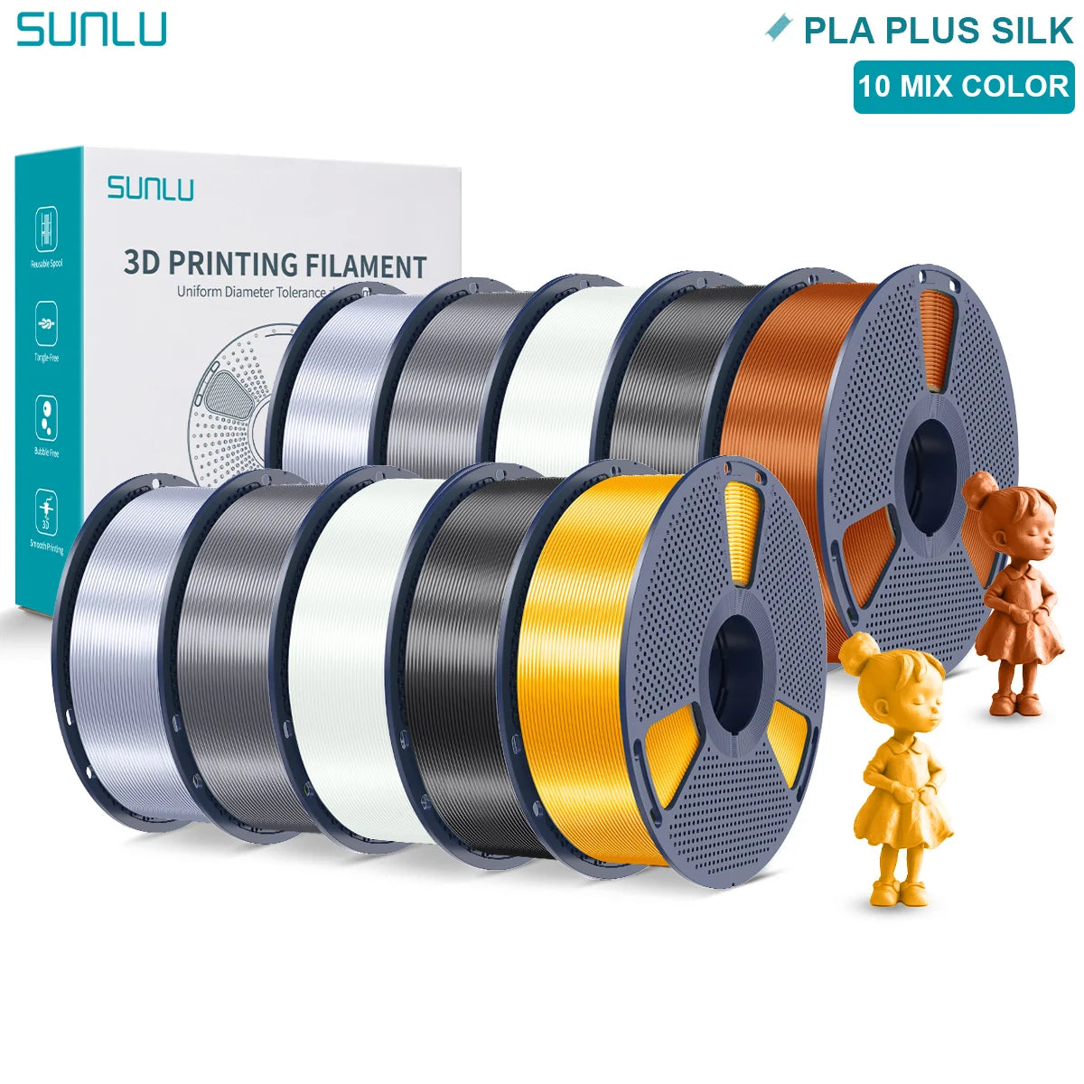 SUNLU Pla Plus Silk 3D Filament 1.75mm Smooth Surface Multicolor PLA+ Shiny Silk Filament for Most FDM 3D Printer 10KG