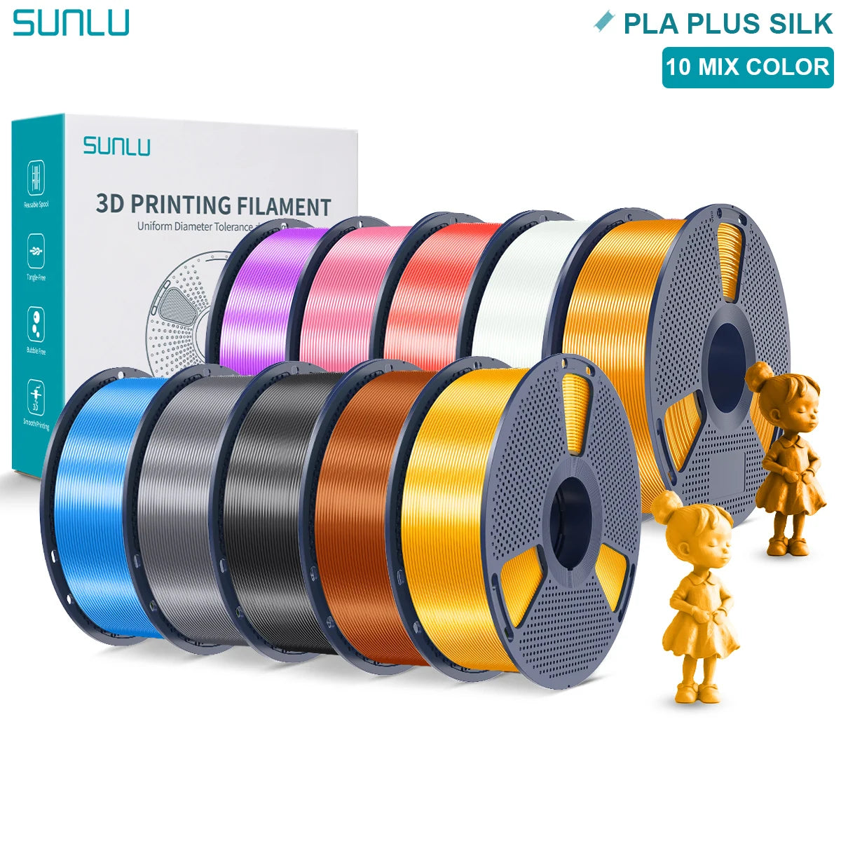 SUNLU Pla Plus Silk 3D Filament 1.75mm Smooth Surface Multicolor PLA+ Shiny Silk Filament for Most FDM 3D Printer 10KG