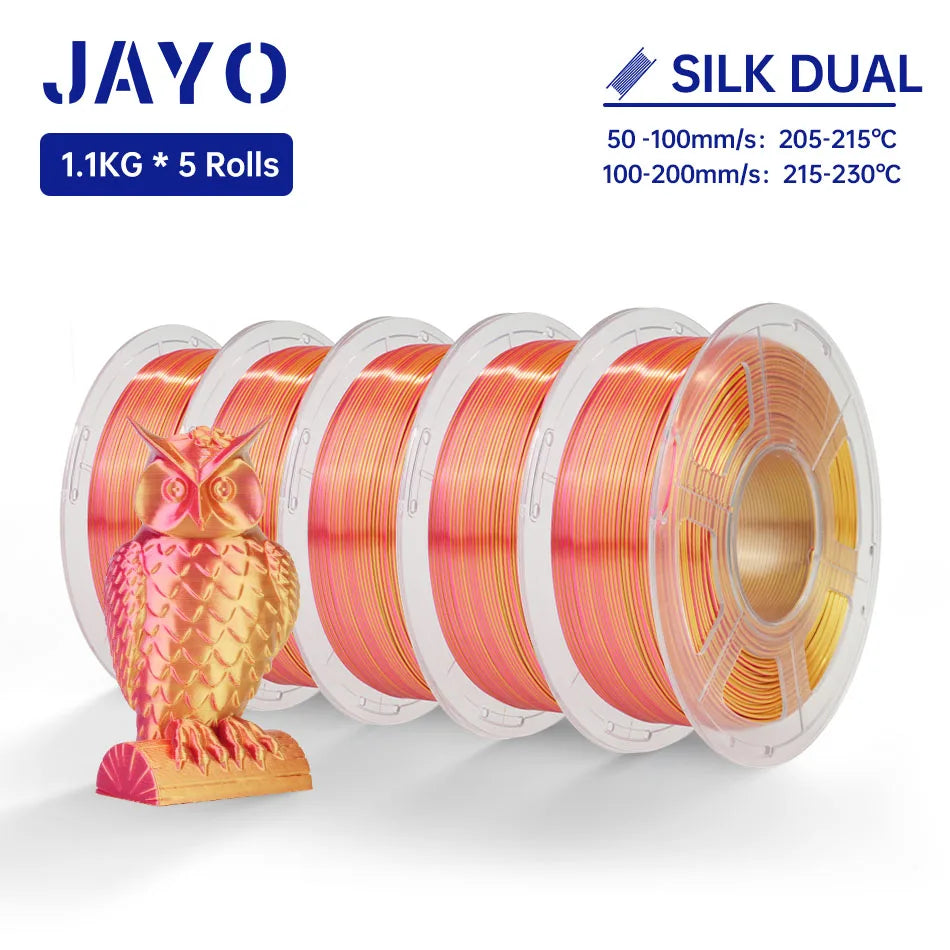 JAYO SILK PLA + Filament 1.75MM PLA 3D Filament 1.1KG for FDM 3D Printer  Neatly Wound Shiny 3D Printing Material 5Rolls