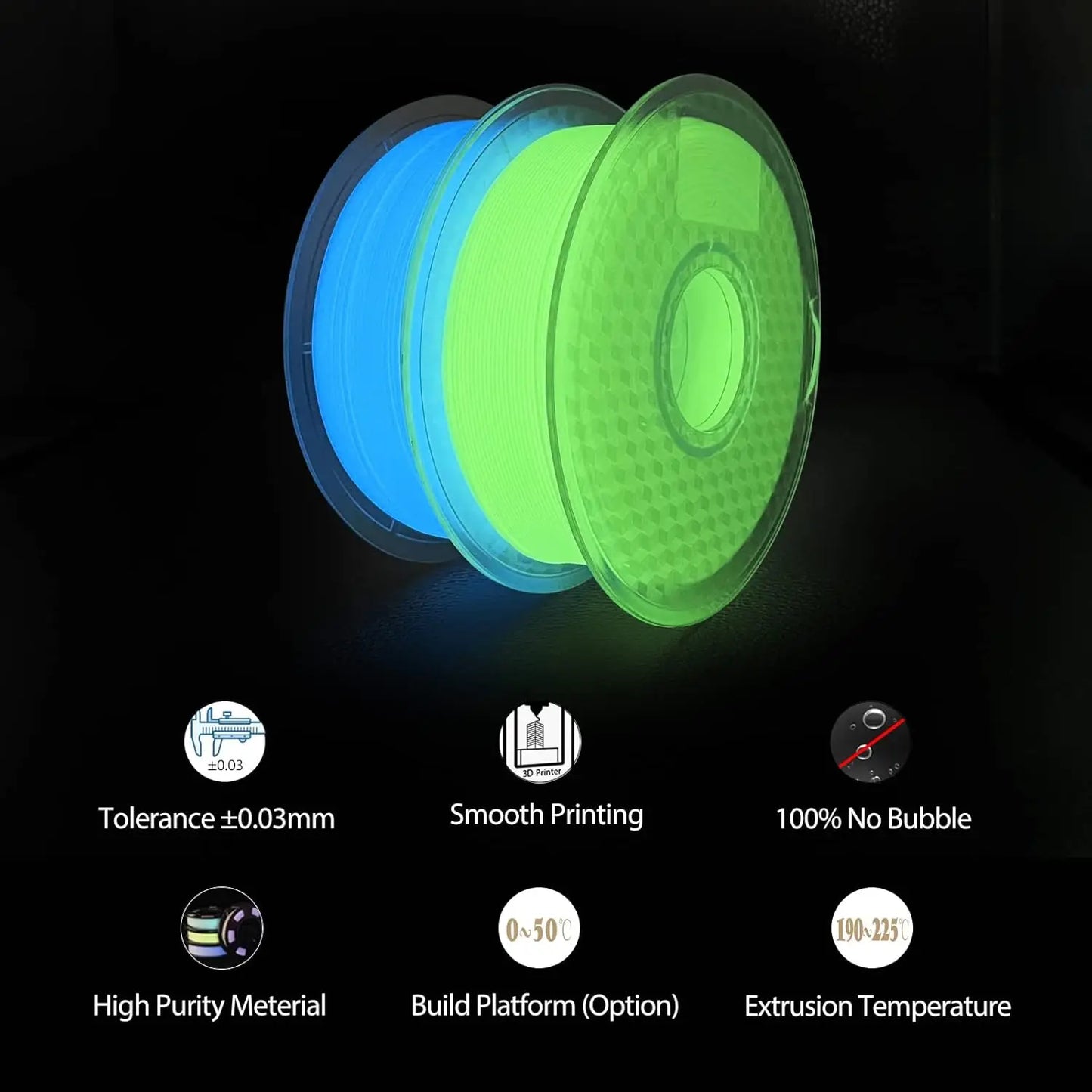 Glow-in-the-Dark PLA Filament, 1.75mm High Accuracy +/-0.03mm, 2kg Spool for 3D Printing