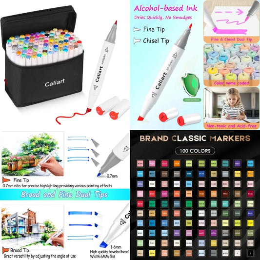 Caliart Markers 100 Colors Dual Tip Art Markers Sketch Pens Permanent Alcohol Based Artists Drawing Illustration
