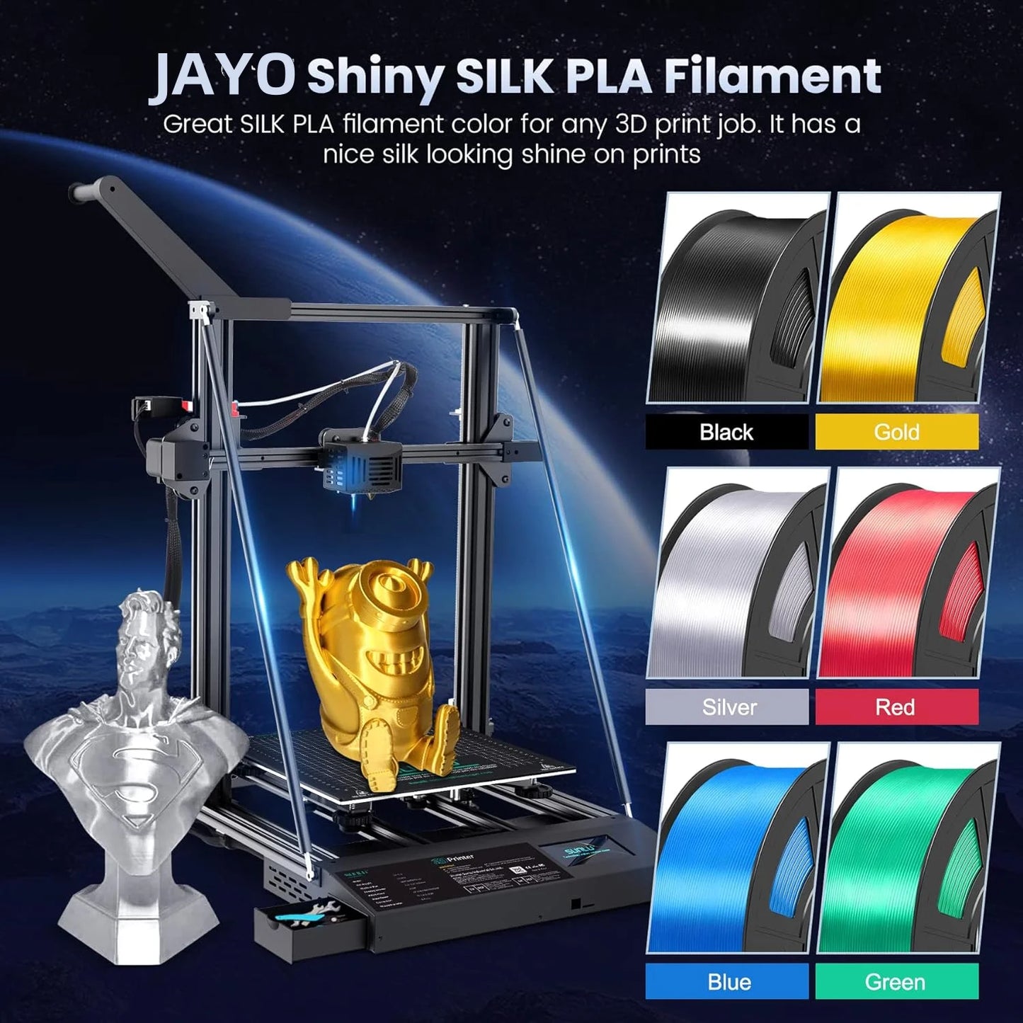 JAYO 3D SILK PLA+ Printer Filament 1.75mm+/-0.02mm  2Rolls SILK 3D Printer Filament Neatly Wound & No bubbles PLA for 3D Printer