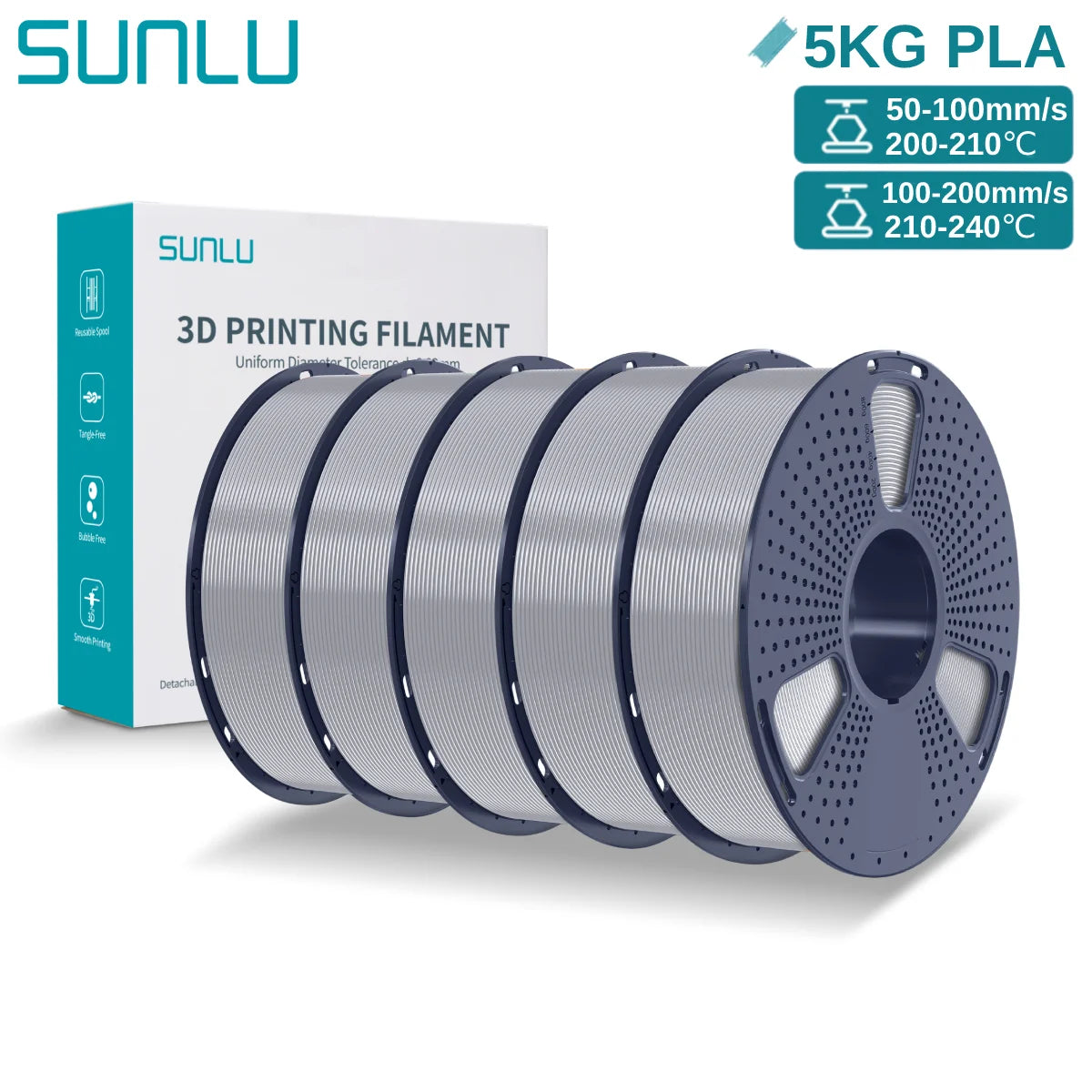 SUNLU 3D PLA Filament 1.75mm 5KG Multicolor Neatly Wound PLA Plastic 3D Filaments with Reusable Spool for Most FDM 3D Printer