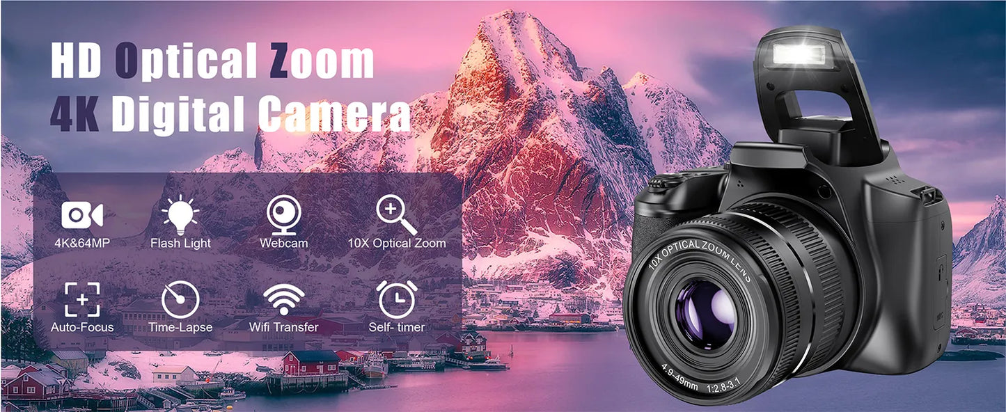 10X Optical Zoom DSLR Camera For Photography 64MP HD Digital Video Camcorder Youtube Livestream Webcam 4K Video Vlog SLR Camera